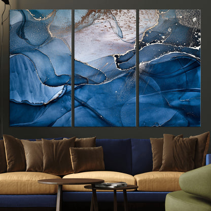 27810-MGV-CV-36X24-Abstract Blue Gold Fluid Art Wall – Modern Canvas Print, Elegant Home & Office Wall Art, Stylish Living Room or Bedroom Decor