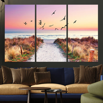 54411-MGV-CV-36X24-Beach Path with Birds Wall Art – Coastal Sunset Ocean Canvas Print, Seaside Nature Landscape Photography for Living Room, Bedroom