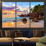 43209-MGV-CV-36X24-Tropical Beach Sunset Wall Art – Golden Ocean Waves and Palm Trees with Rocky Shore Canvas Print, Coastal Seascape Decor for