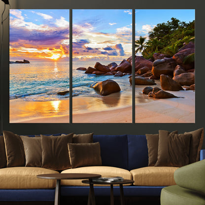 43209-MGV-CV-36X24-Tropical Beach Sunset Wall Art – Golden Ocean Waves and Palm Trees with Rocky Shore Canvas Print, Coastal Seascape Decor for