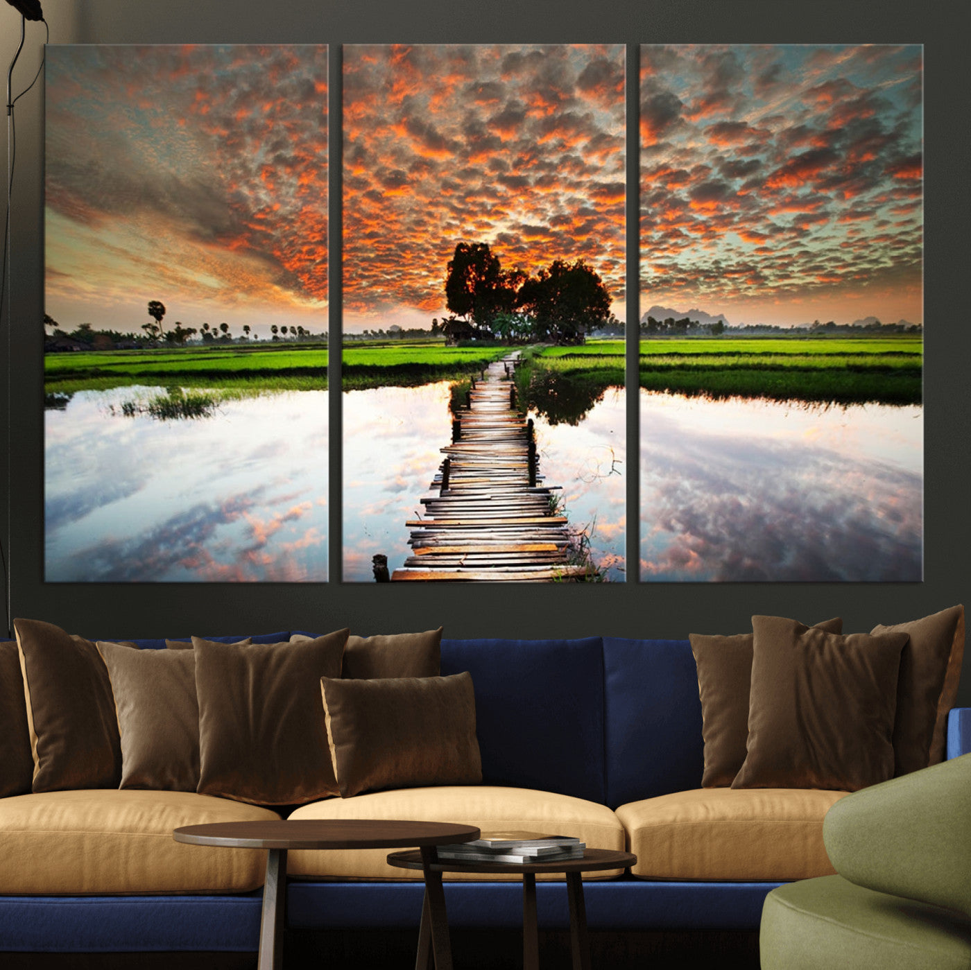 29105-MGV-CV-36X24-Rustic Wooden Bridge Wall Art – Scenic Sunset Over Rice Fields and Reflective Water Canvas Print, Nature Landscape Decor for