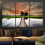 29105-MGV-CV-36X24-Rustic Wooden Bridge Wall Art – Scenic Sunset Over Rice Fields and Reflective Water Canvas Print, Nature Landscape Decor for