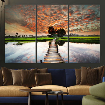 29105-MGV-CV-36X24-Rustic Wooden Bridge Wall Art – Scenic Sunset Over Rice Fields and Reflective Water Canvas Print, Nature Landscape Decor for
