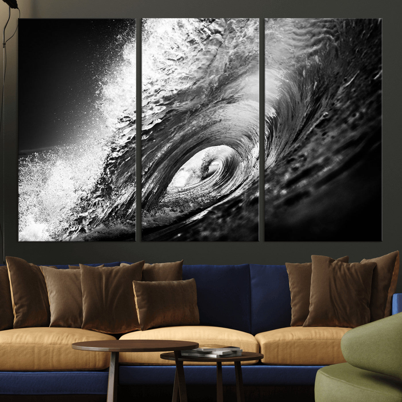 22702-MGV-CV-36X24-Black and White Ocean Wave Wall Art – Powerful Surf Curl Photography Canvas Print, Modern Coastal Decor for Living Room, Office or