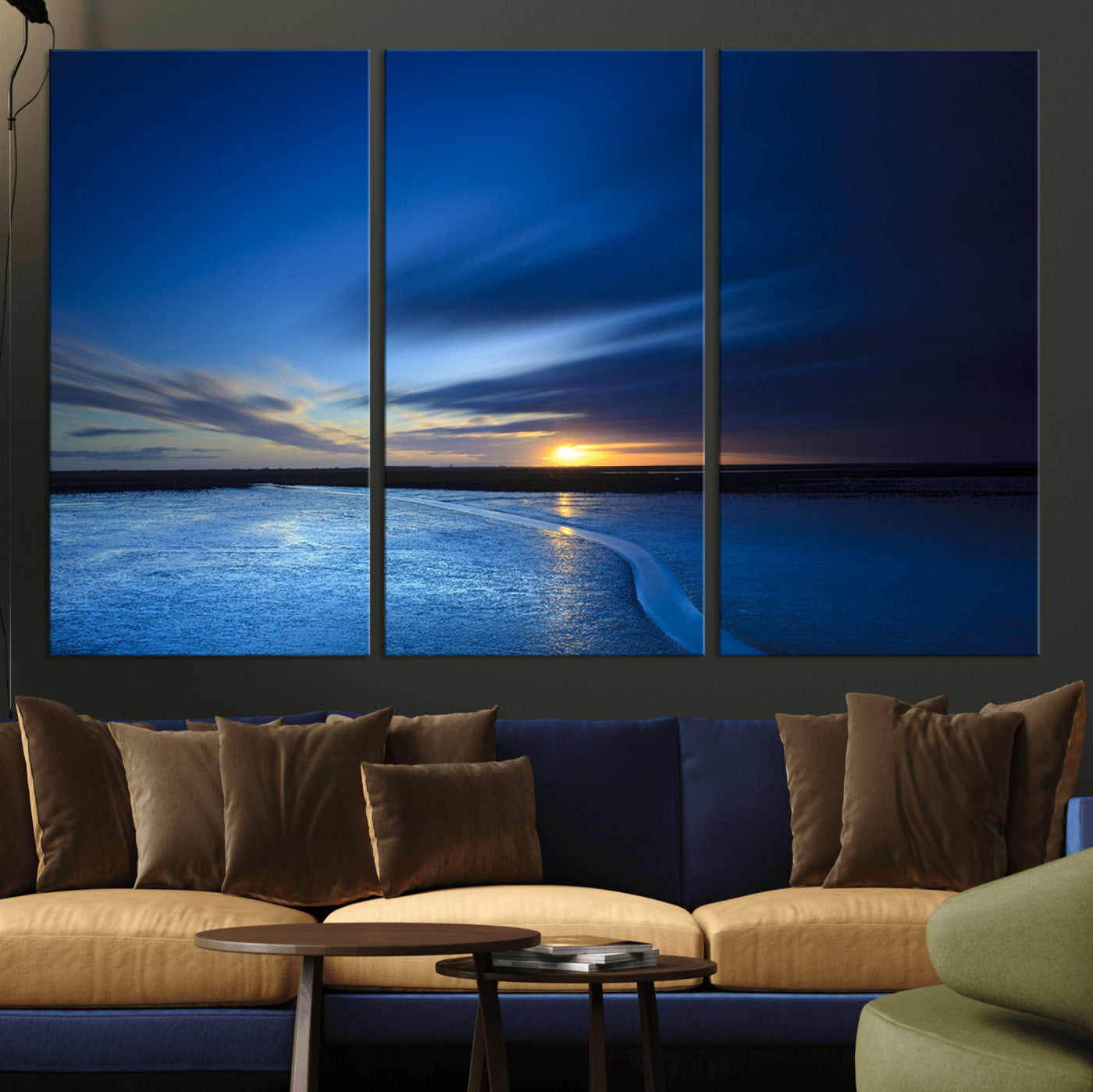 65405-MGV-CV-36X24-Blue Sunrise Seascape Wall Art – Tranquil Ocean Horizon Canvas Print with Golden Sunlight and Deep Sky, Coastal Landscape Decor