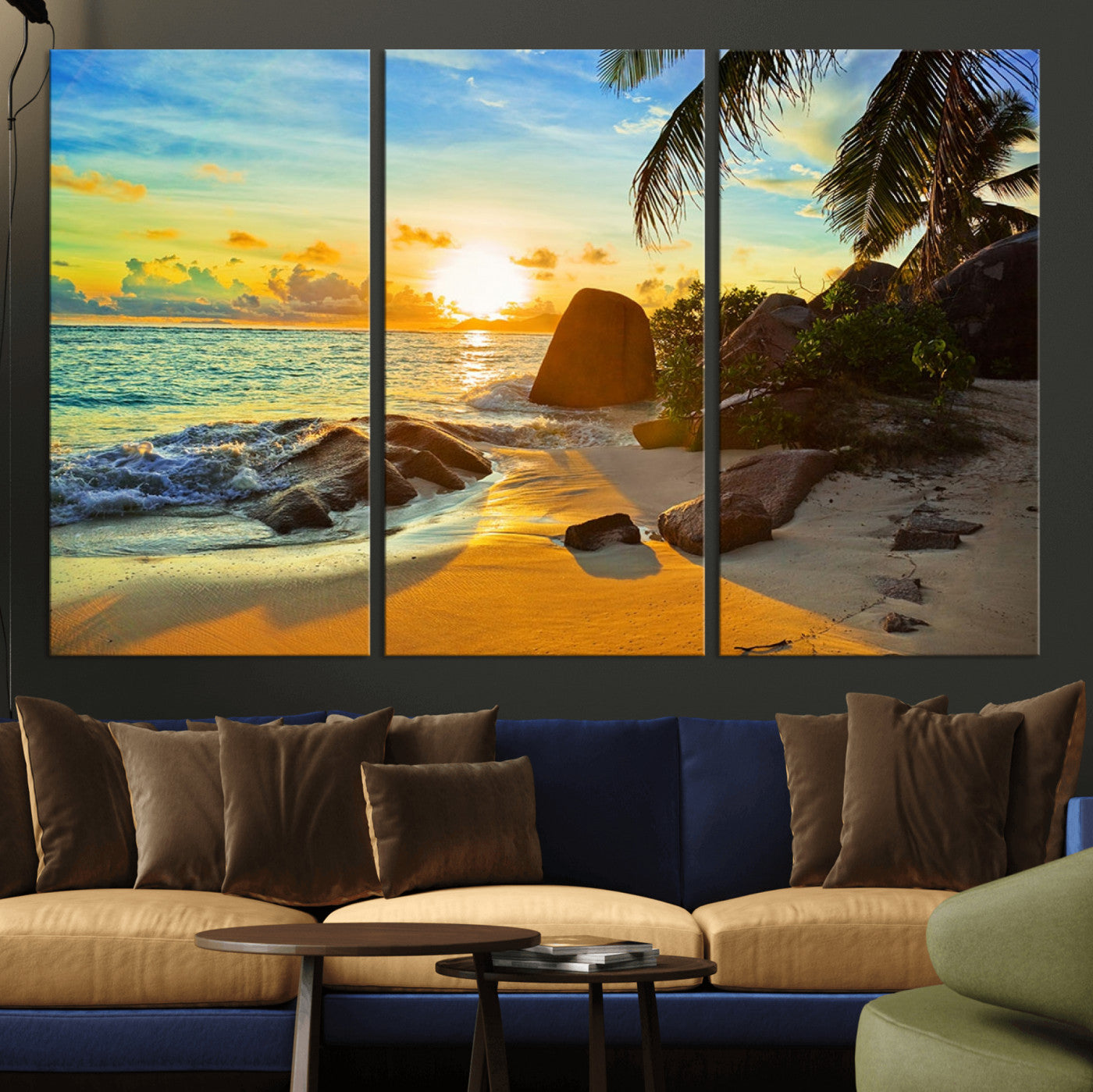26181-MGV-CV-36X24-Golden Tropical Sunset Beach Wall Art – Ocean Canvas Print with Palm Trees and Rocks, Coastal Paradise Decor for Living Room or