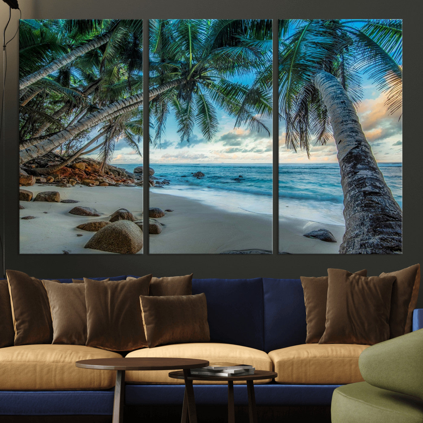 39679-MGV-CV-36X24-Tropical Palm Beach Wall Art – Serene Ocean Canvas Print with Palm Trees and Rocks, Coastal Paradise Decor for Living Room or