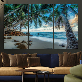 39679-MGV-CV-36X24-Tropical Palm Beach Wall Art – Serene Ocean Canvas Print with Palm Trees and Rocks, Coastal Paradise Decor for Living Room or