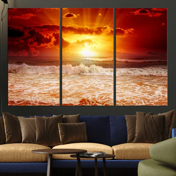 60211-MGV-CV-36X24-Fiery Sunset Ocean Wall Art – Red Sky Seascape Canvas Print with Waves, Bold Coastal Sunset Decor for Living Room or Bedroom