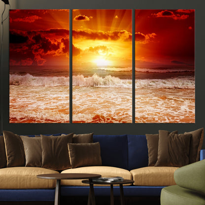 60211-MGV-CV-36X24-Fiery Sunset Ocean Wall Art – Red Sky Seascape Canvas Print with Waves, Bold Coastal Sunset Decor for Living Room or Bedroom