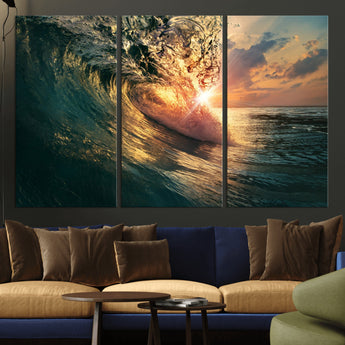 55359-MGV-CV-36X24-Radiant Ocean Wave Wall Art – Panoramic Surf Canvas Print, Vibrant Sunset Beach Decor for Home, Office or Man Cave