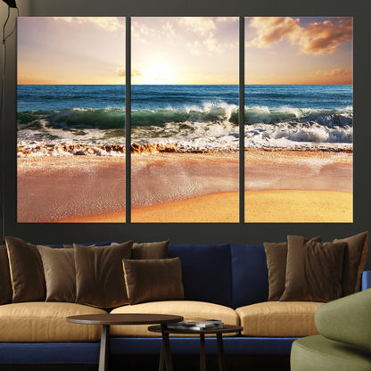 79005-MGV-CV-36X24-Golden Sunrise Ocean Waves Wall Art – Panoramic Seashore Canvas Print, Calming Coastal Decor for Home, Office or Relaxation Space
