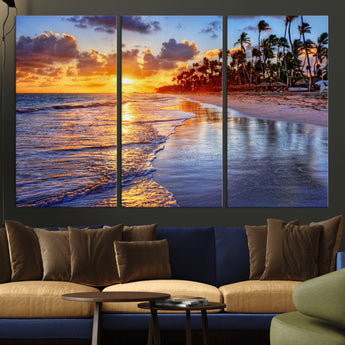 19917-MGV-CV-36X24-Tropical Sunset Beach Wall Art – Panoramic Palm Trees and Ocean Canvas Print, Vibrant Coastal Decor for Living Room, Office or Man