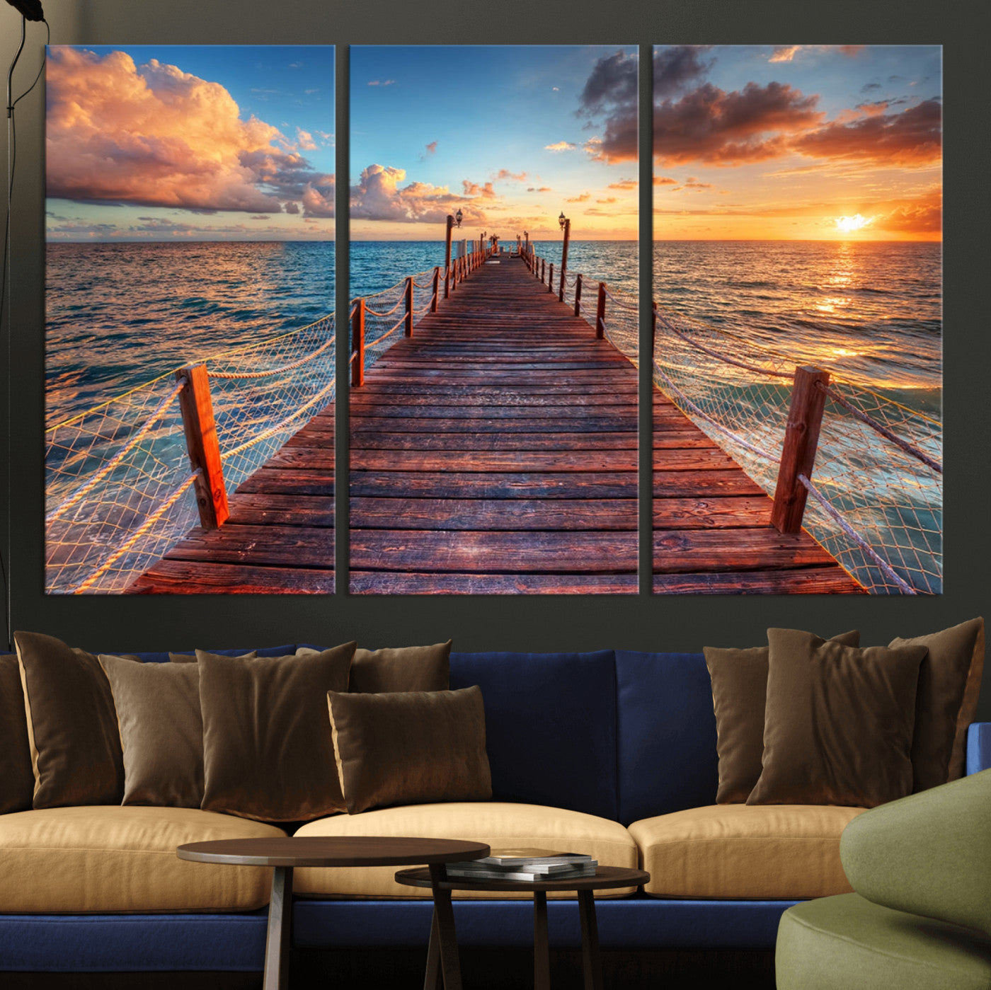 28836-MGV-CV-36X24-Ocean Pier Sunset Wall Art – Wooden Dock and Golden Horizon Canvas Print, Coastal Seascape Photography for Living Room, Bedroom,
