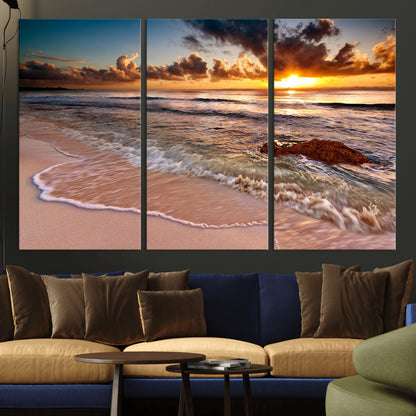 80979-MGV-CV-36X24-Golden Sunrise Beach Wall Art – Ocean Waves and Sandy Shore Canvas Print, Coastal Sunset Photography Artwork for Living Room,