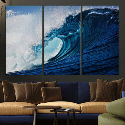 89502-MGV-CV-36X24-Powerful Ocean Wave Wall Art – Panoramic Blue Sea Wave Canvas Print, Coastal Surf Photography Artwork for Living Room, Bedroom, or