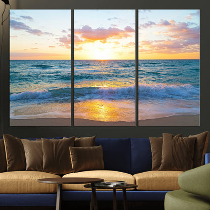 78006-MGV-CV-36X24-Golden Sunrise Ocean Wall Art – Panoramic Beach Waves Canvas Print, Coastal Seascape Artwork for Living Room, Bedroom, Office, or
