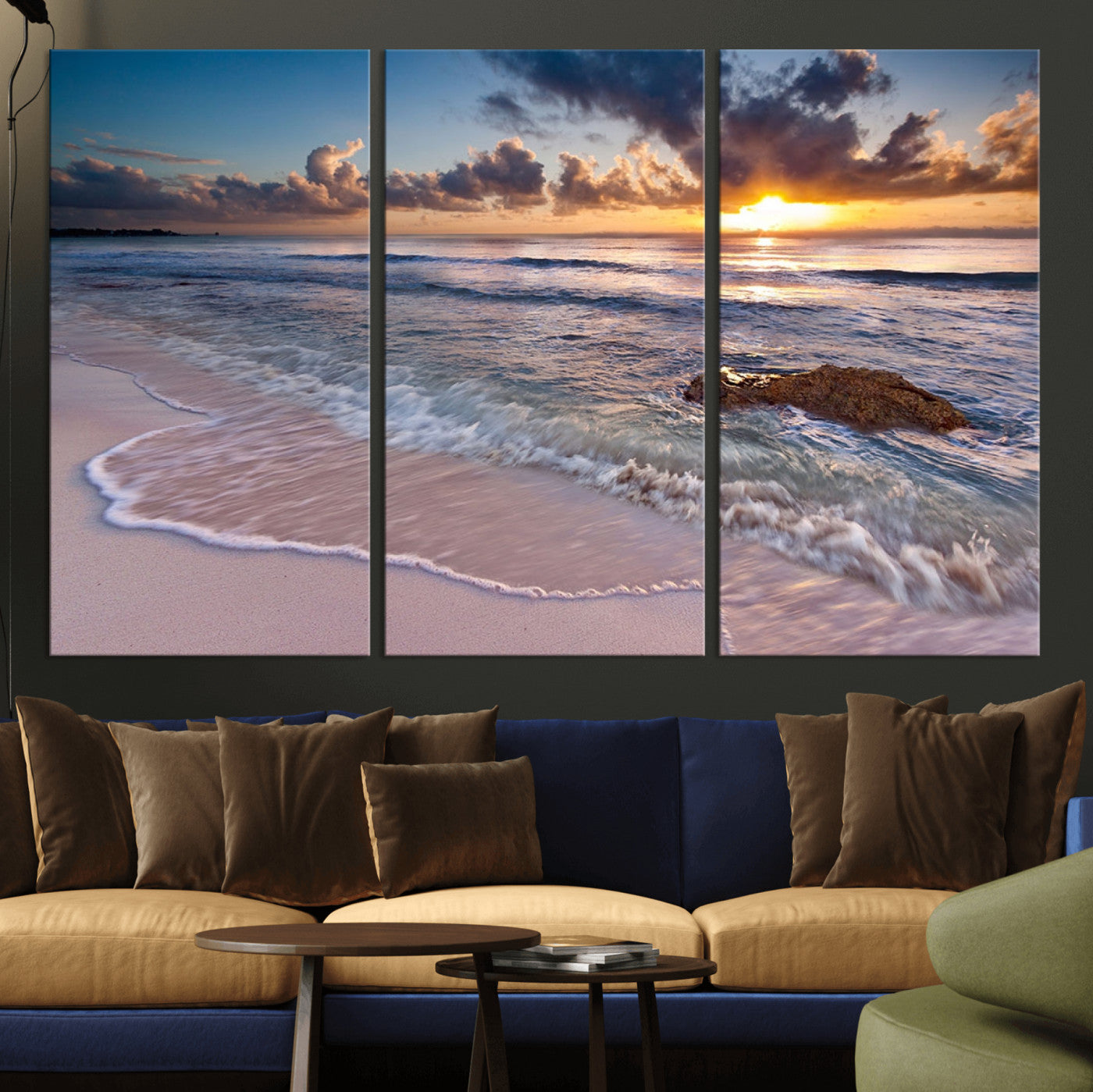 94906-MGV-CV-36X24-Sunrise Beach Wall Art – Panoramic Ocean Waves Canvas Print, Coastal Sunset Seascape Artwork for Living Room, Bedroom, or Office