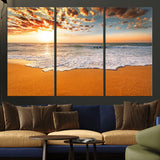 15399-MGV-CV-36X24-Golden Sunrise Beach Wall Art – Ocean Waves on Sandy Shore Canvas Print, Coastal Seascape Decor for Living Room or Bedroom