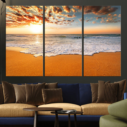 15399-MGV-CV-36X24-Golden Sunrise Beach Wall Art – Ocean Waves on Sandy Shore Canvas Print, Coastal Seascape Decor for Living Room or Bedroom