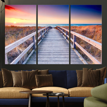60625-MGV-CV-36X24-Beach Boardwalk Sunrise Wall Art – Coastal Pathway to Ocean Canvas Print, Seaside Landscape Decor for Home or Office