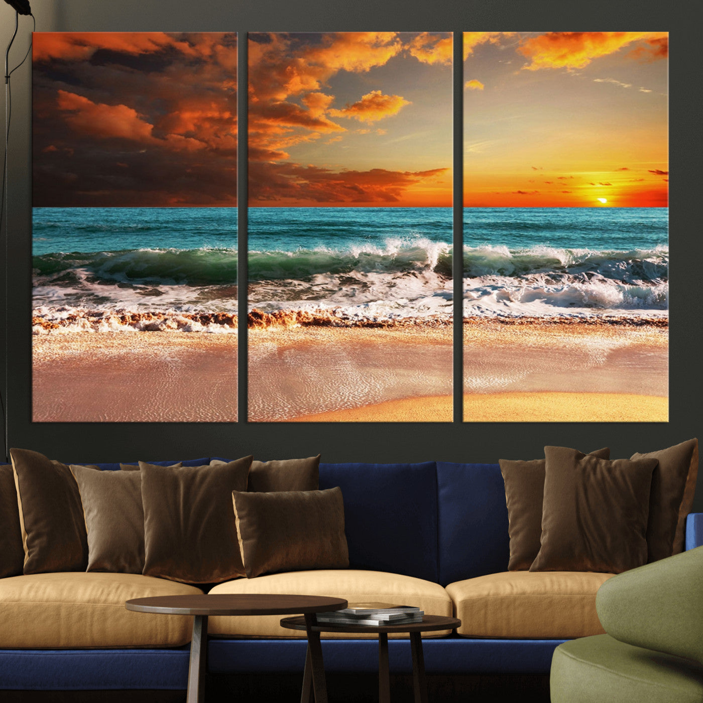 72948-MGV-CV-36X24-Ocean Sunset Wave Wall Art – Dramatic Seascape Canvas Print with Golden Sky and Crashing Waves, Coastal Beach Decor for Living