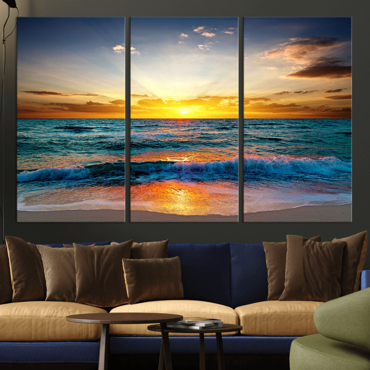 50627-MGV-CV-36X24-Ocean Sunset Wall Art – Serene Beach Canvas Print with Waves and Golden Sky, Coastal Decor for Living Room or Office
