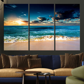 88985-MGV-CV-36X24-Ocean Sunset Wall Art – Tranquil Beach Waves Canvas Print, Coastal Seascape Decor for Living Room or Office
