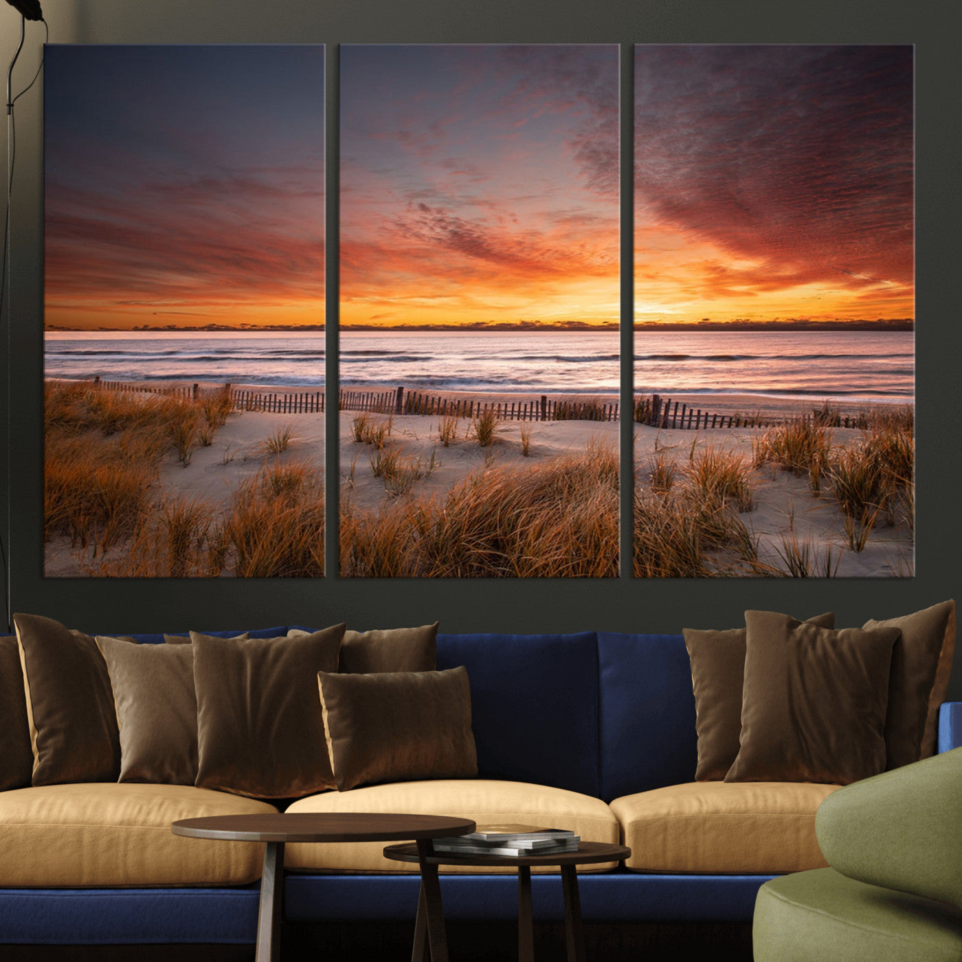 90176-MGV-CV-36X24-Beach Sunset Wall Art – Coastal Sand Dune Canvas Print with Ocean Waves and Dramatic Sky, Seaside Landscape Decor for Living Room