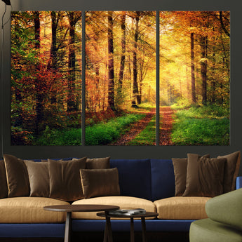 73494-MGV-CV-36X24-Golden Autumn Forest Path Wall Art – Sunlit Woodland Canvas Print, Fall Nature Landscape Home Decoration