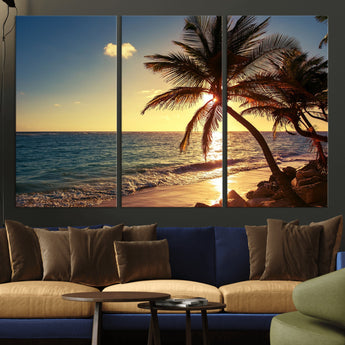 82710-MGV-CV-36X24-Palm Tree Sunset Beach Wall Art – Tropical Ocean Canvas Print, Coastal Paradise Seascape Decor for Living Room or Office Wall