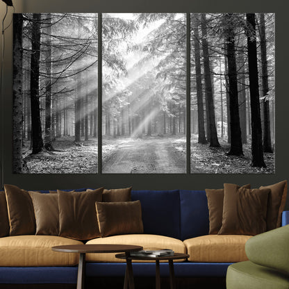 39665-MGV-CV-36X24-Black and White Forest Path Wall Art – Sunlight Rays in Trees Canvas Print, Nature Landscape Decor for Living Room or Office