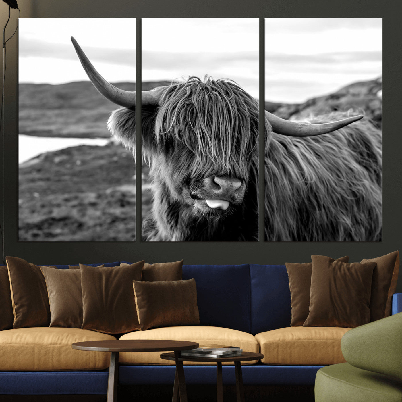 83810-MGV-CV-36X24-Highland Cow Wall Art – Black and White Highland Cattle Print, Rustic Farmhouse Animal Decor for Living Room