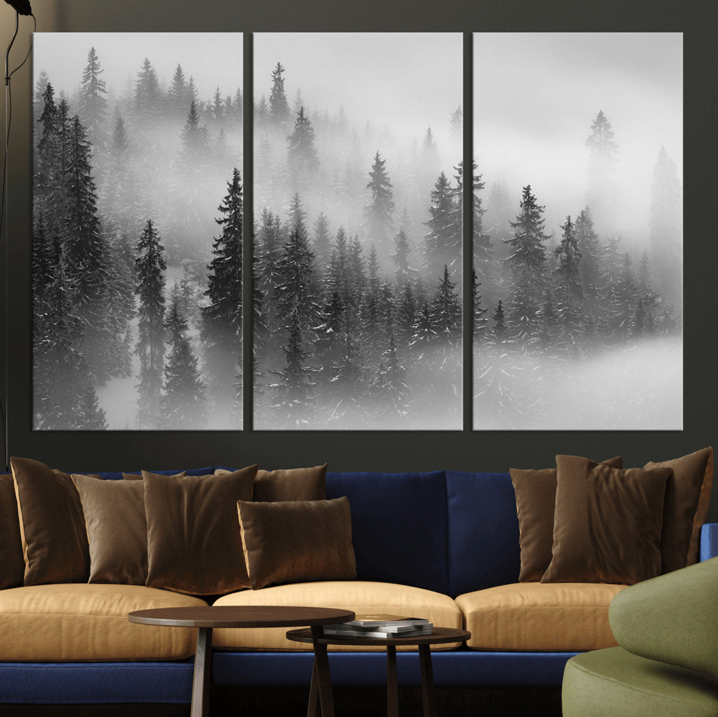 57235-MGV-CV-36X24-Misty Pine Forest Wall Art – Black and White Mountain Landscape Canvas Print, Nature Woodland Decor for Living Room, Bedroom or