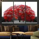 80021-MGV-CV-36X24-Red Tree Wall Art – Striking Black and White Landscape Canvas Print with Vibrant Red Leaves, Modern Nature Decor for Living Room