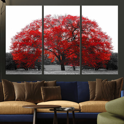 80021-MGV-CV-36X24-Red Tree Wall Art – Striking Black and White Landscape Canvas Print with Vibrant Red Leaves, Modern Nature Decor for Living Room