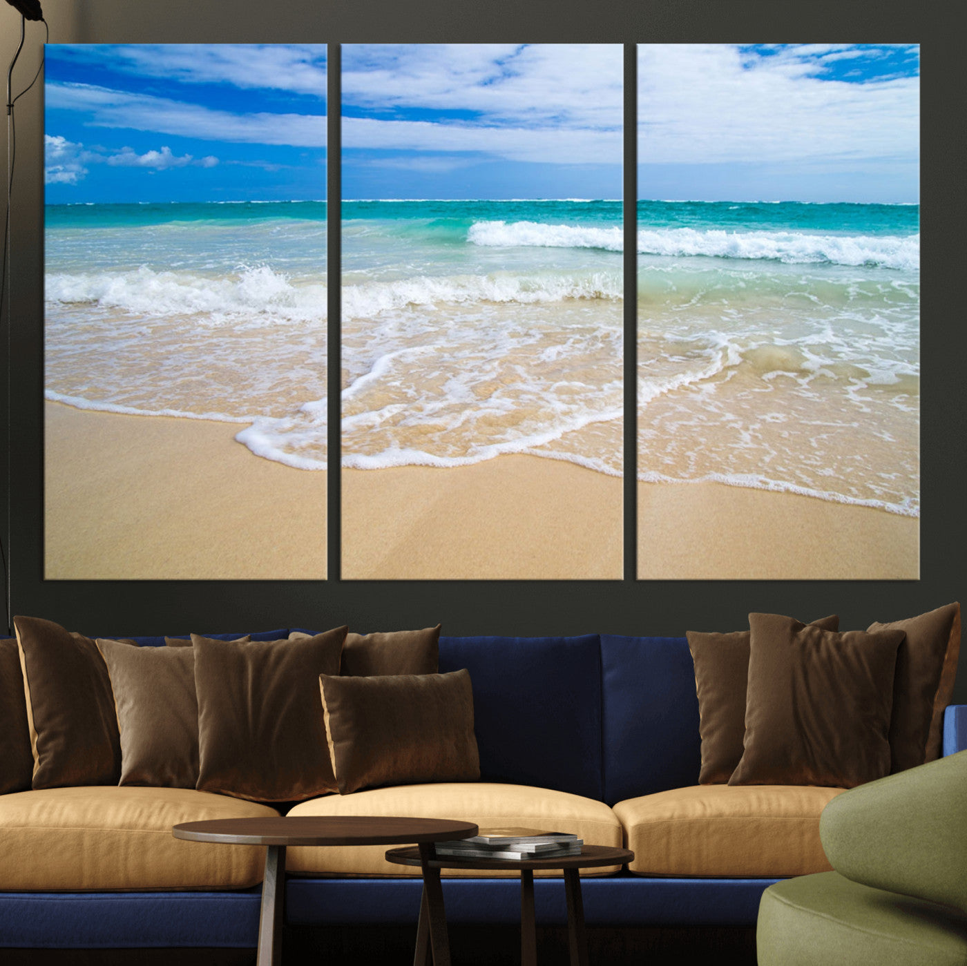 20660-MGV-CV-36X24-Ocean Wave Beach Wall Art – Serene Blue Sea and Sandy Shore Canvas Print, Coastal Landscape Photography Decor for Living Room or