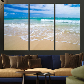 20660-MGV-CV-36X24-Ocean Wave Beach Wall Art – Serene Blue Sea and Sandy Shore Canvas Print, Coastal Landscape Photography Decor for Living Room or