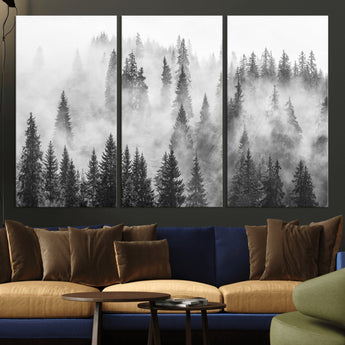 10422-MGV-CV-36X24-Misty Pine Forest Wall Art – Black and White Foggy Landscape Canvas Print, Serene Nature Woodland Decor for Bedroom, Office or
