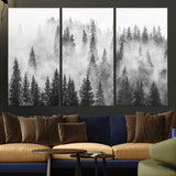 10422-MGV-CV-36X24-Misty Pine Forest Wall Art – Black and White Foggy Landscape Canvas Print, Serene Nature Woodland Decor for Bedroom, Office or