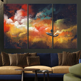 45085-MGV-CV-36X24-Surreal Cosmic Wall Art – Abstract Galaxy Dreamscape Canvas Print with Man and Dog in Boat, Fantasy Nebula Painting for Living