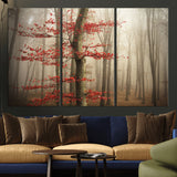 61855-MGV-CV-36X24-Misty Forest Wall Art – Red Tree with Autumn Leaves Canvas Print, Moody Woodland Nature Decor for Living Room, Bedroom, or Office