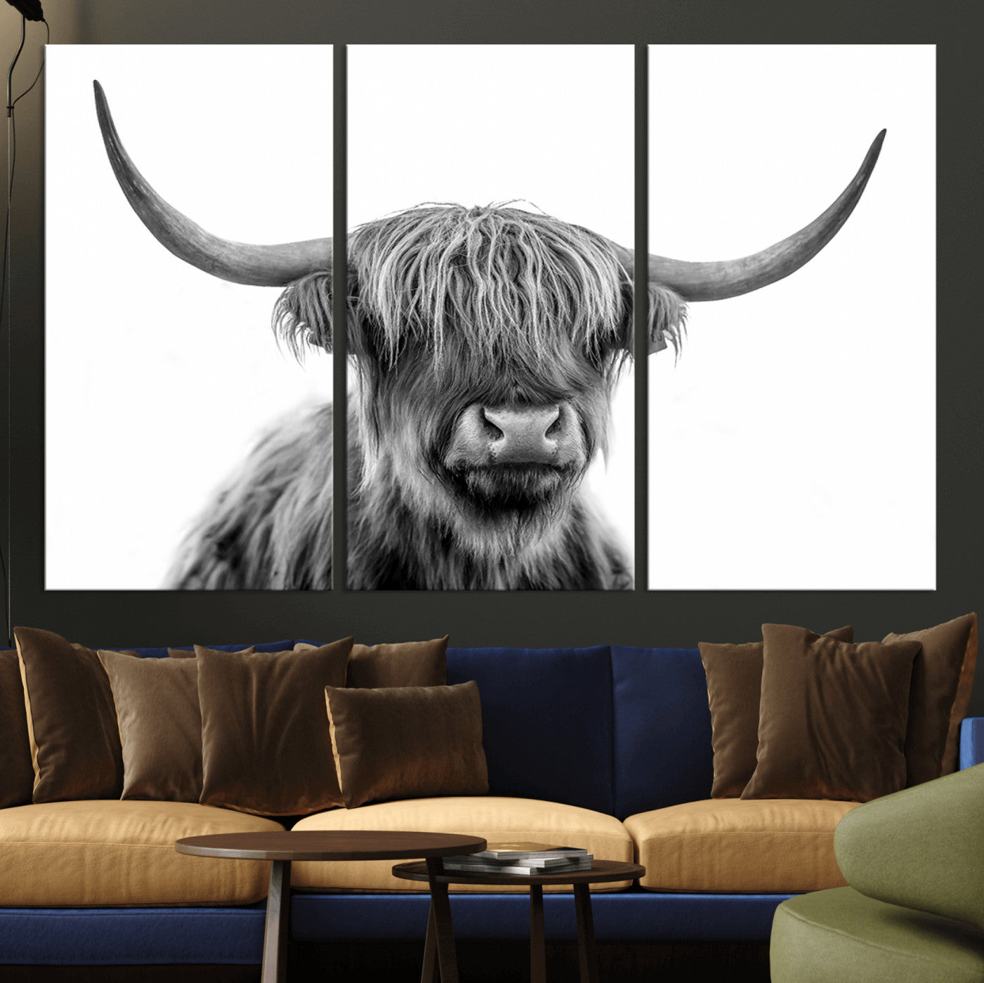 10123-MGV-CV-36X24-Black and White Highland Cow Wall Art – Modern Farmhouse Animal Print, Rustic Scottish Bull Canvas Decor for Living Room, Bedroom,
