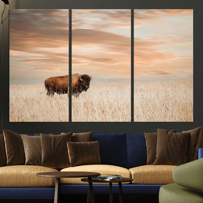 99699-MGV-CV-36X24-Bison in Prairie at Sunset – Wildlife Photography Print, American Buffalo Wall Art, Nature Landscape Canvas Decor for Office