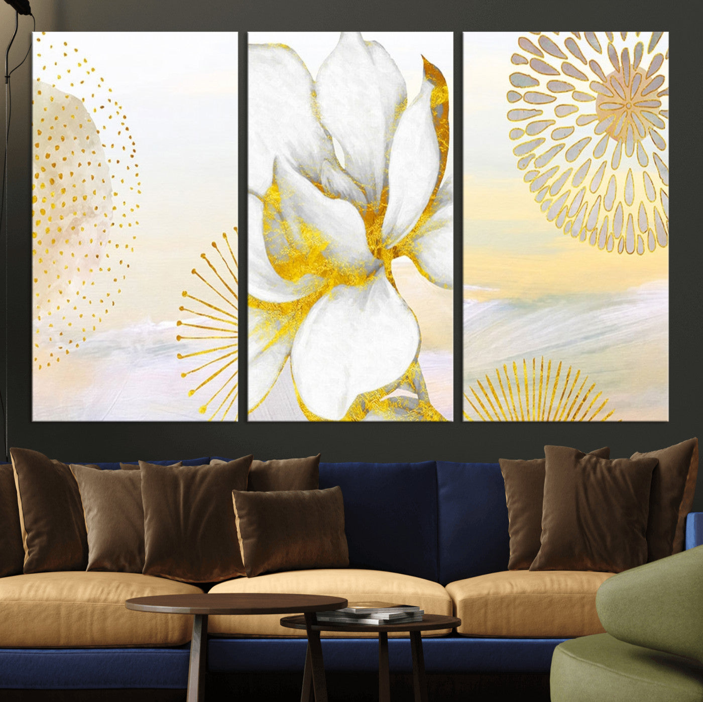 82301-MGV-CV-48X32-3P-Modern Floral Wall Art – White Flower with Gold Detailing Canvas Print, Elegant Abstract Artwork for Living Room, Bedroom, or