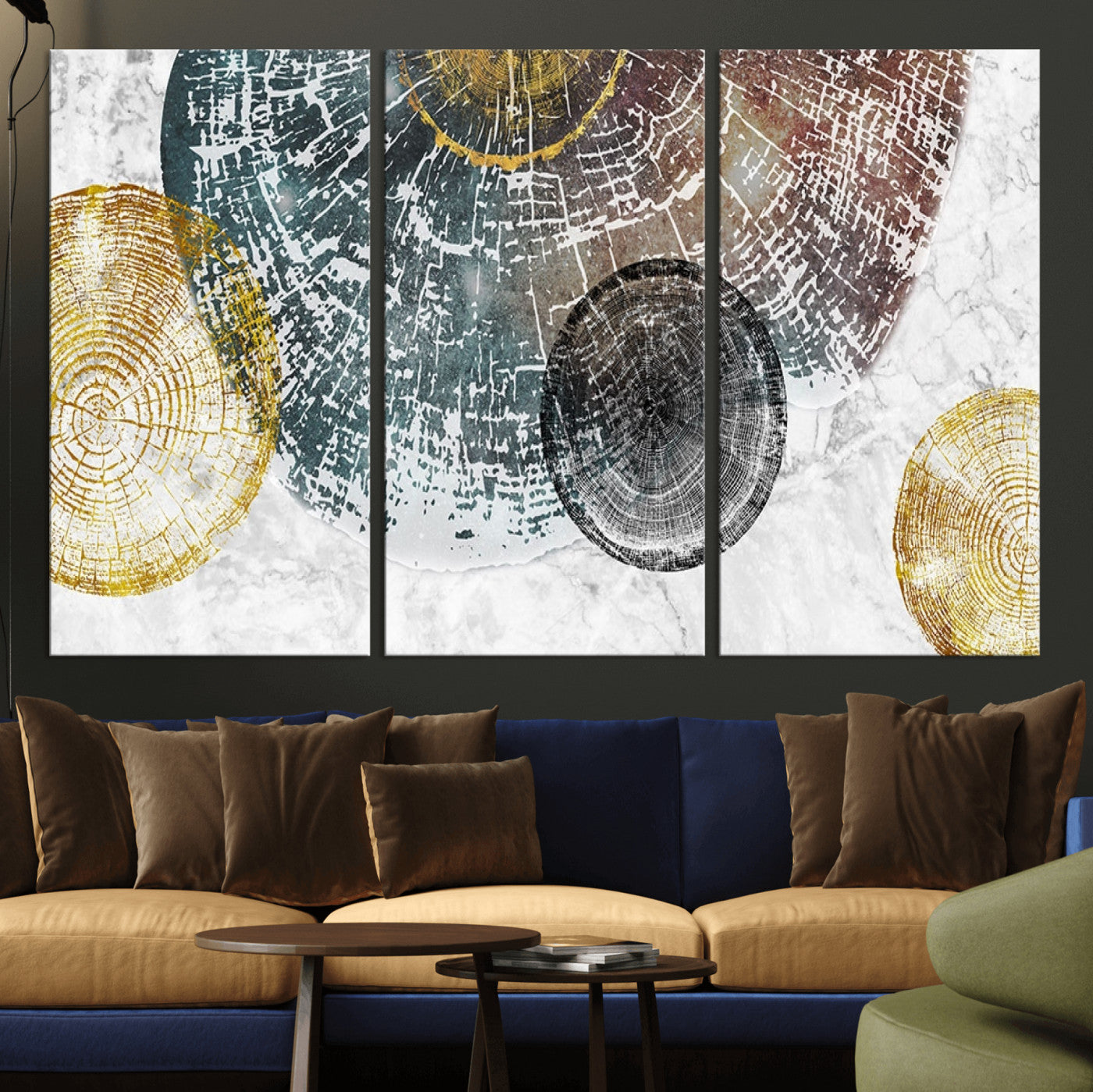 70653-MGV-CV-36X24-Abstract Tree Ring Wall Art – Modern Rustic Wood Slice Canvas Print with Gold Accents, Contemporary Nature Decor for Living Room,