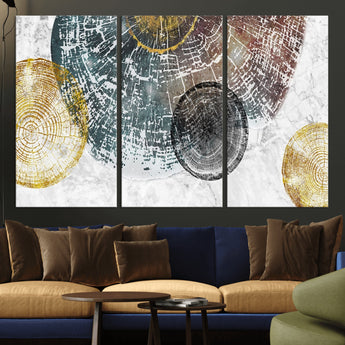 70653-MGV-CV-36X24-Abstract Tree Ring Wall Art – Modern Rustic Wood Slice Canvas Print with Gold Accents, Contemporary Nature Decor for Living Room,