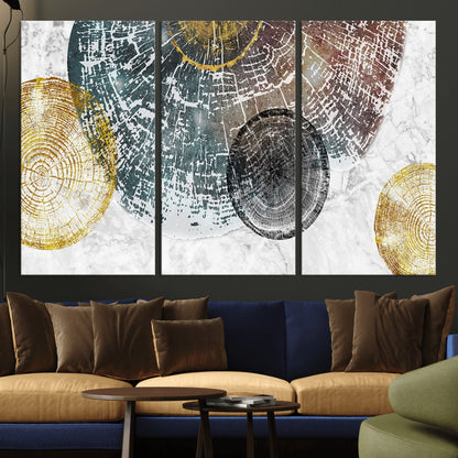 70653-MGV-CV-36X24-Abstract Tree Ring Wall Art – Modern Rustic Wood Slice Canvas Print with Gold Accents, Contemporary Nature Decor for Living Room,