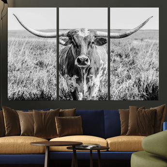 77320-MGV-CV-36X24-Texas Longhorn Wall Art – Black and White Western Cattle Canvas Print, Rustic Farmhouse Animal Photography Decor for Living Room,