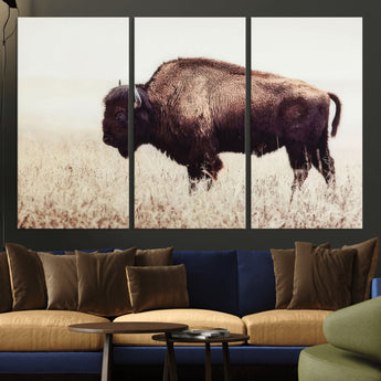 48406-MGV-CV-36X24-American Bison Wall Art – Rustic Buffalo Canvas Print in Prairie Field, Western Wildlife Photography Decor for Cabin, Lodge,